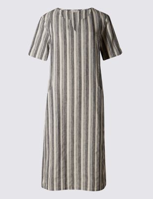 Cotton Rich Loose Fit Striped Shift Dress with Linen